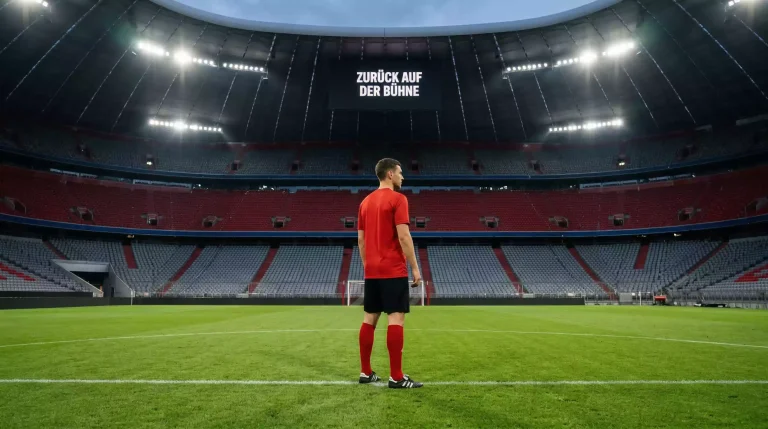Bayern München DFB-Pokal 2026 – Fußballspieler in rotem Trikot auf dem Rasen eines großen Stadions