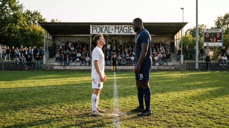 David gegen Goliath im DFB-Pokal – Kleiner Amateurfußballer steht mutig vor einem großen Profispieler
