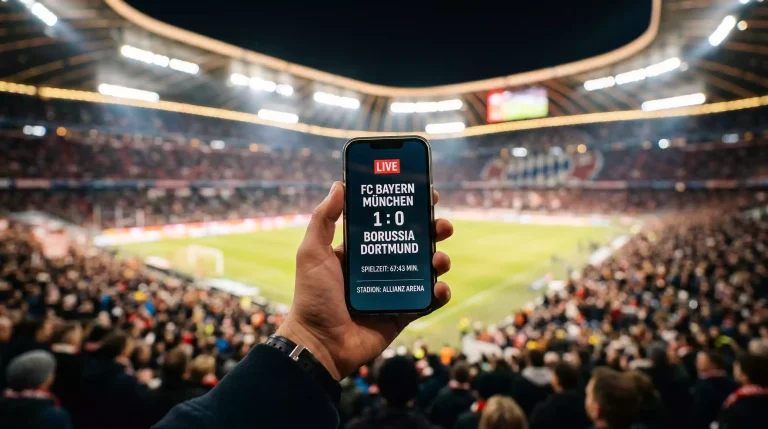 DFB-Pokal Live-Wetten – Smartphone mit Live-Spielstand vor einem Fußballstadion bei Nacht