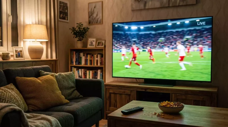 DFB-Pokal Übertragung – Fernseher zeigt ein Fußballspiel in einem gemütlichen Wohnzimmer