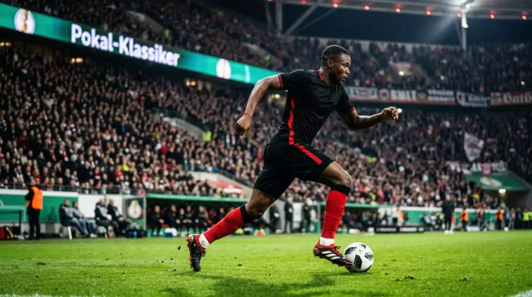 Leverkusen DFB-Pokal 2026 – Fußballspieler in schwarzem Trikot dribbelt auf dem Rasen
