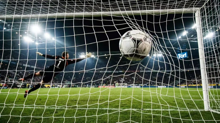 Über/Unter Tore im DFB-Pokal – Fußball fliegt ins Tornetz bei einem Pokalspiel unter Flutlicht