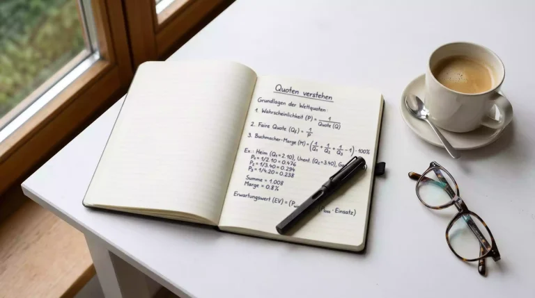 Wettquoten berechnen – Notizbuch mit handgeschriebenen Quotenformeln und Stift auf einem Schreibtisch